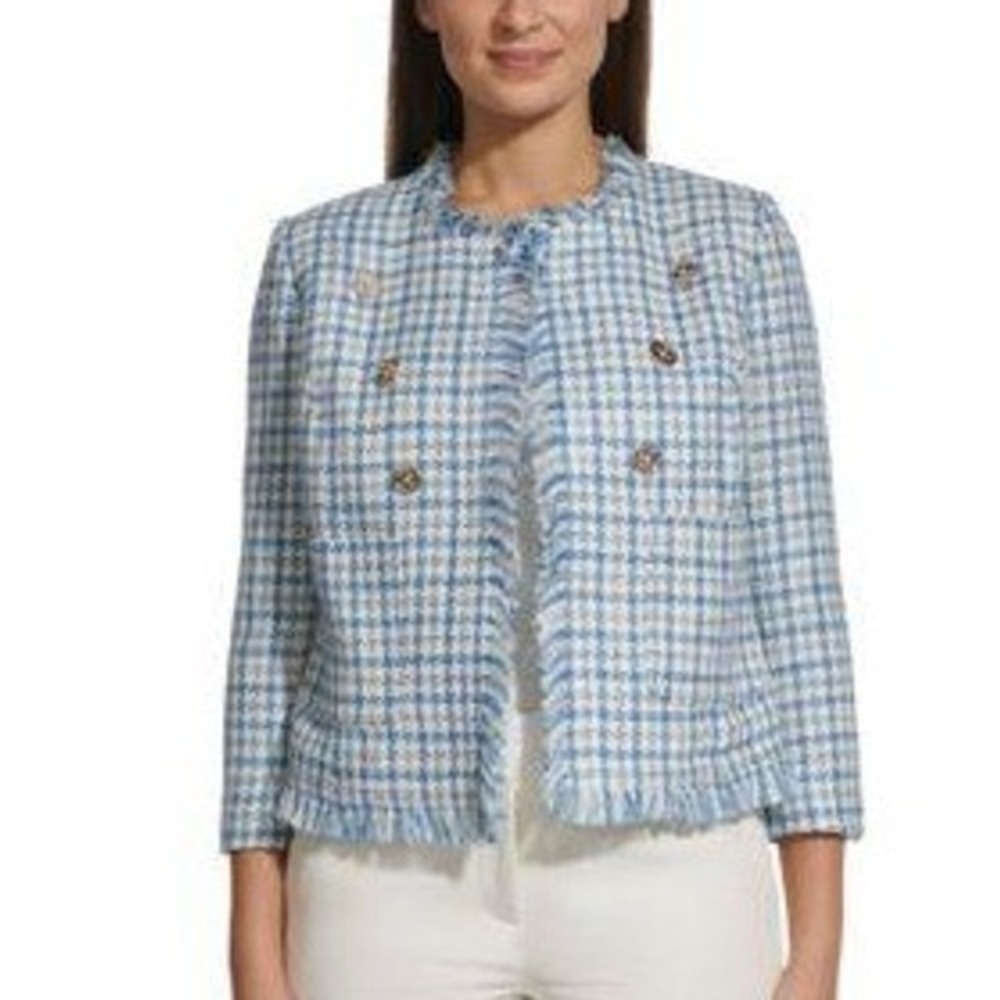 Tommy Hilfiger Women's Blue‎ Haze Tweed Fringe Collarless Jacket Size 12 NWT